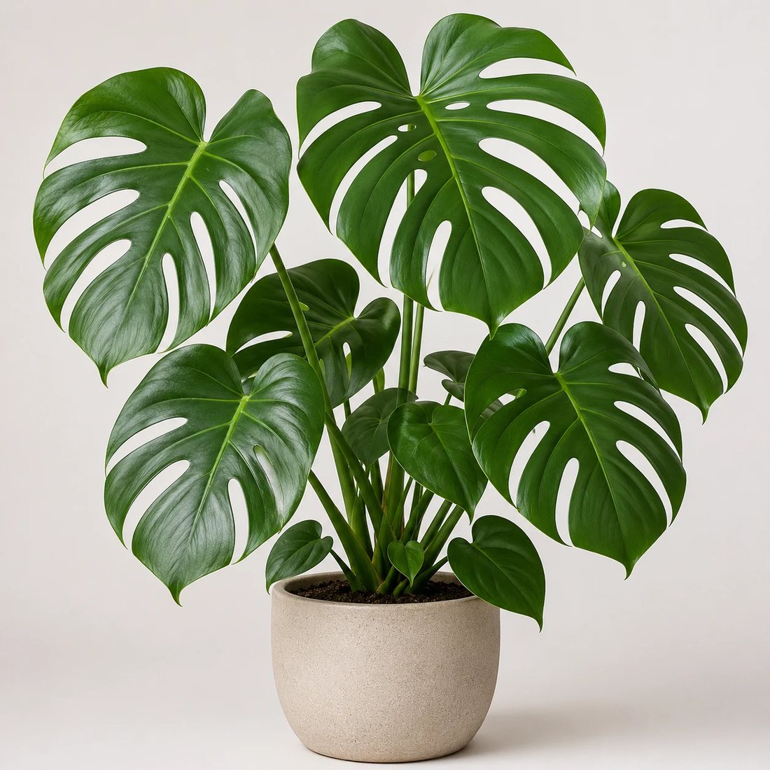 Monstera deliciosa split-leaf plant in a neutral pot